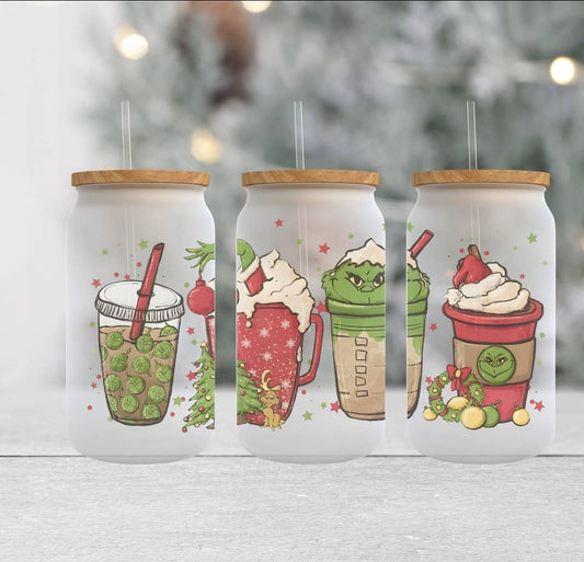 Grinch lattes Frosted Can Glass
